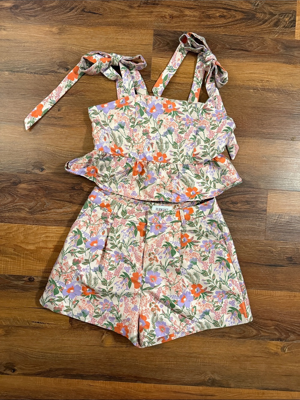Ulla Johnson Floral Tie-Shoulder Crop Top and Shorts Set - Pink/Orange